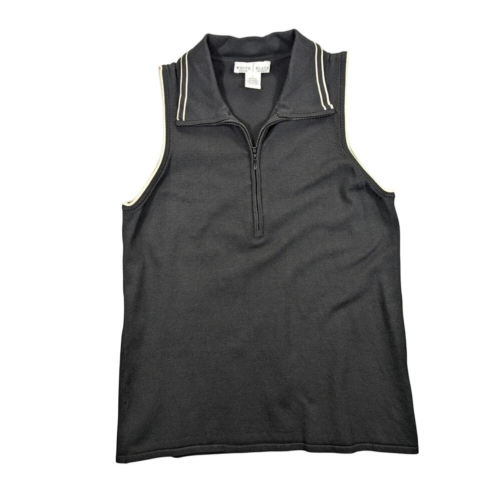 White House Black Market Shirt‎ Womens Sleeveless Zip Polo Black &White